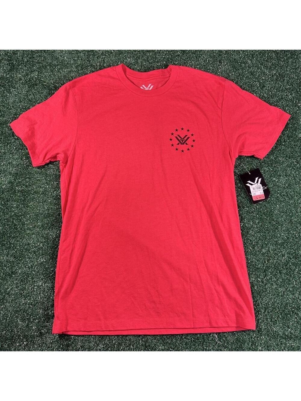Vortex red cotton & polyester t-shirt with black logo and stars size medium